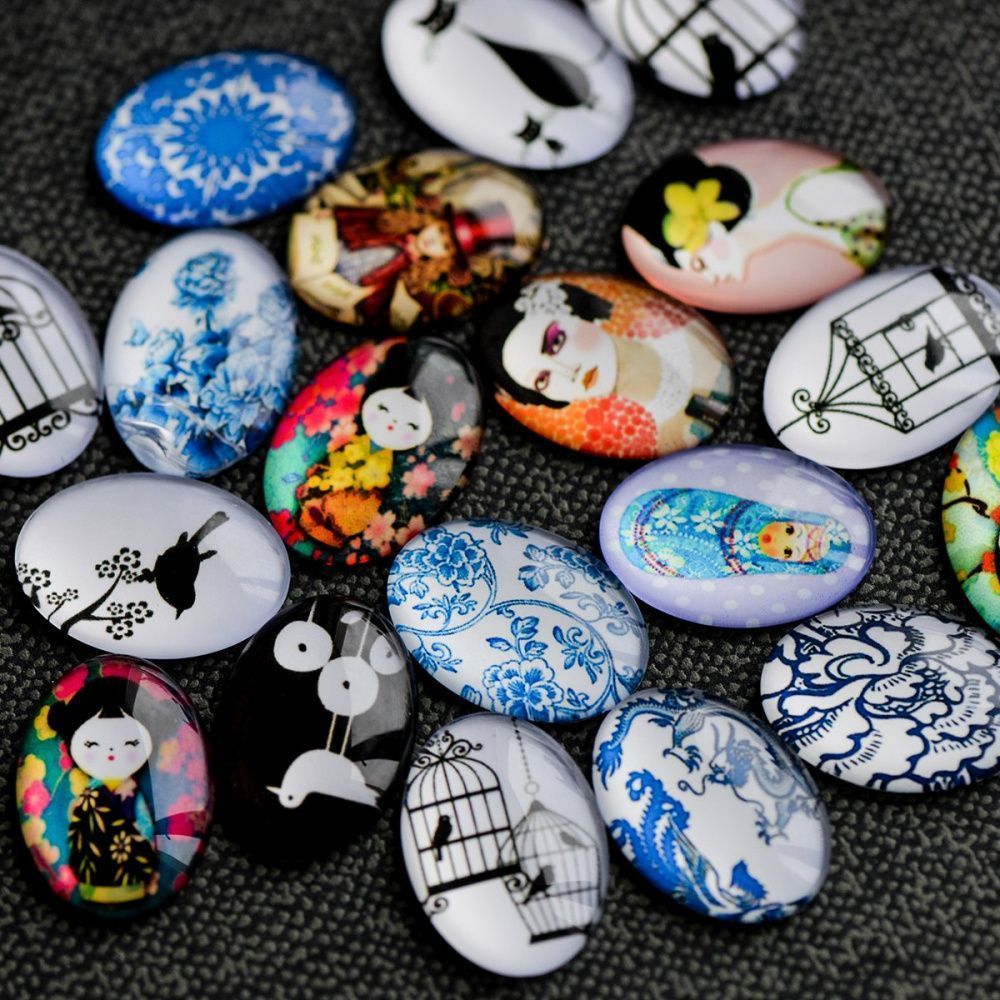 кабошон "микс-принт", стекло, мультиколор, 25х18х6 мм