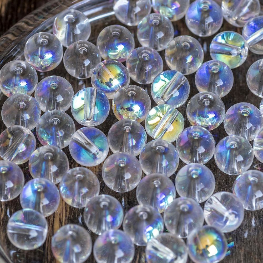 бусина, стекло 8, цвет прозрачный/бензиновый, 8 мм