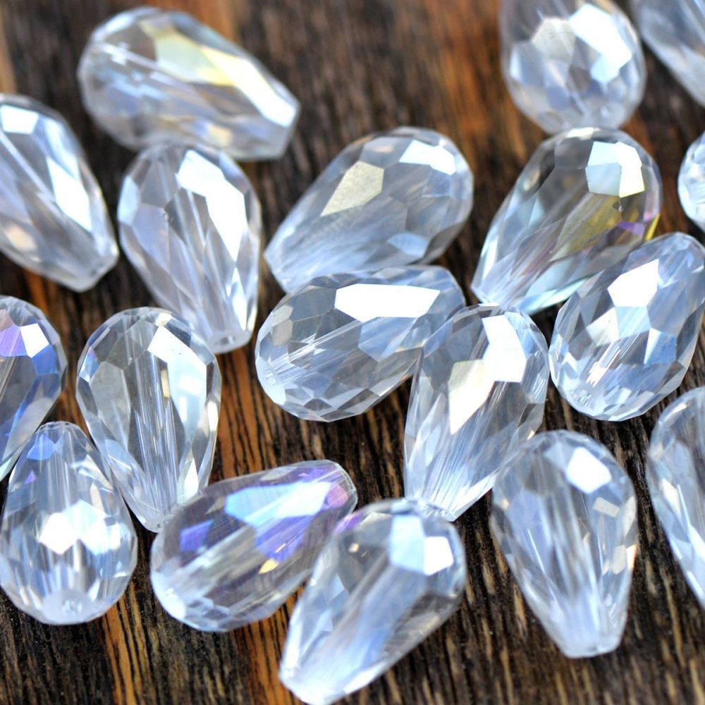 бусина "капля", граненая, стекло, цвет прозрачный радужный, 15х10 мм