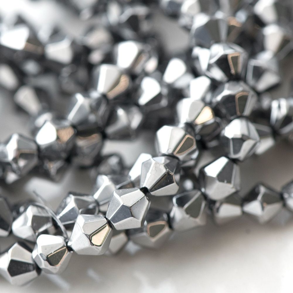бусина, стекло биконус 6, цвет серебристый, 6 мм