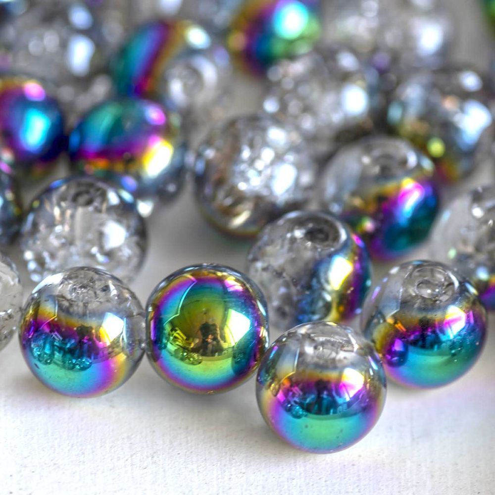 бусина, стекло "кракле", цвет прозрачный/бензиновый, 8 мм