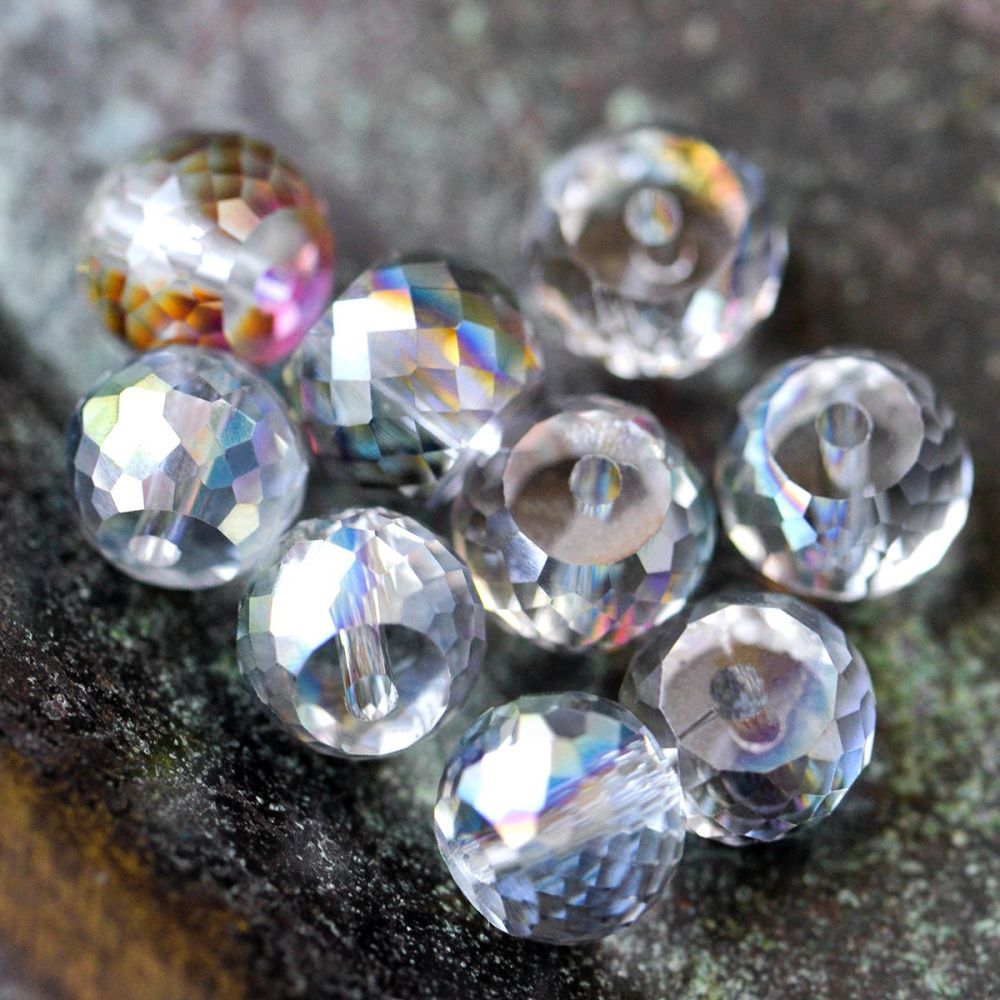 бусина, стекло, "абакус", граненая, цвет радужный/прозрачный, 8х6 мм