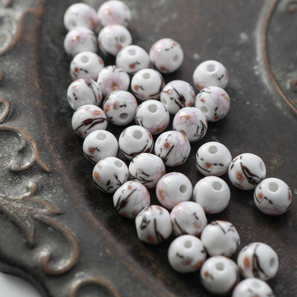 бусина, керамика "роза", цвет бело-розовый, 10 мм