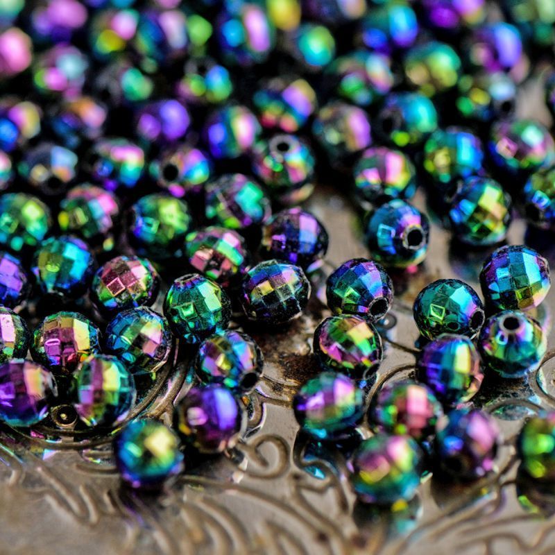 бусина, акрил 6, граненая, цвет черный бензиновый, 6 мм