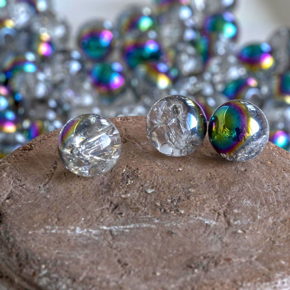 бусина, стекло "кракле", цвет прозрачный/бензиновый, 8 мм