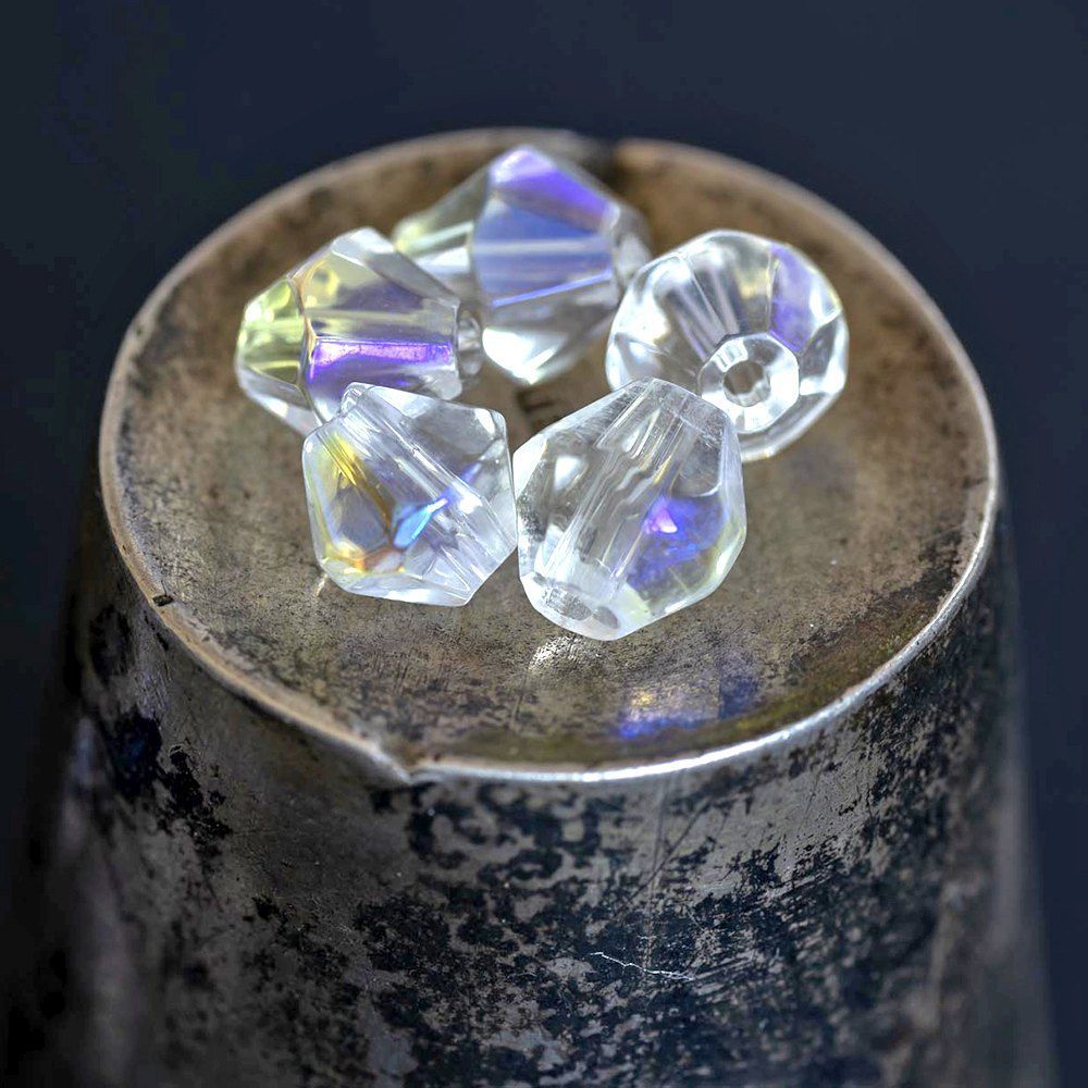 бусина, стекло биконус 6, цвет прозрачный радужный, 6 мм