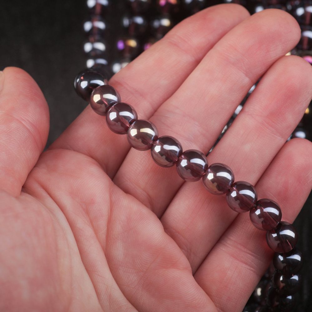 бусина, стекло 8, цвет сливовый радужный, 8 мм