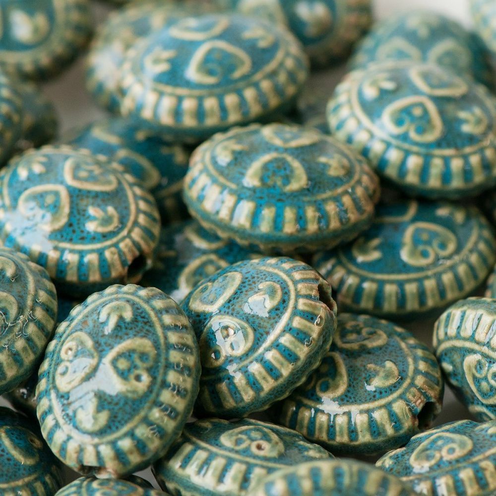 бусина, керамика "антик", овальная, цвет голубой, 20х23х13 мм