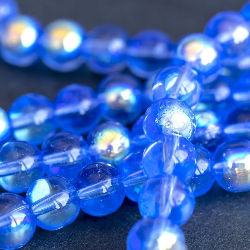 бусина, стекло 8, цвет голубой радужный, 8 мм