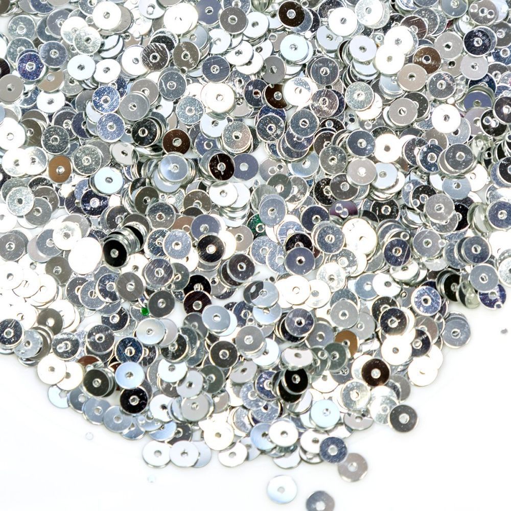 пайетки плоские, серебряный зеркальный, 4 мм