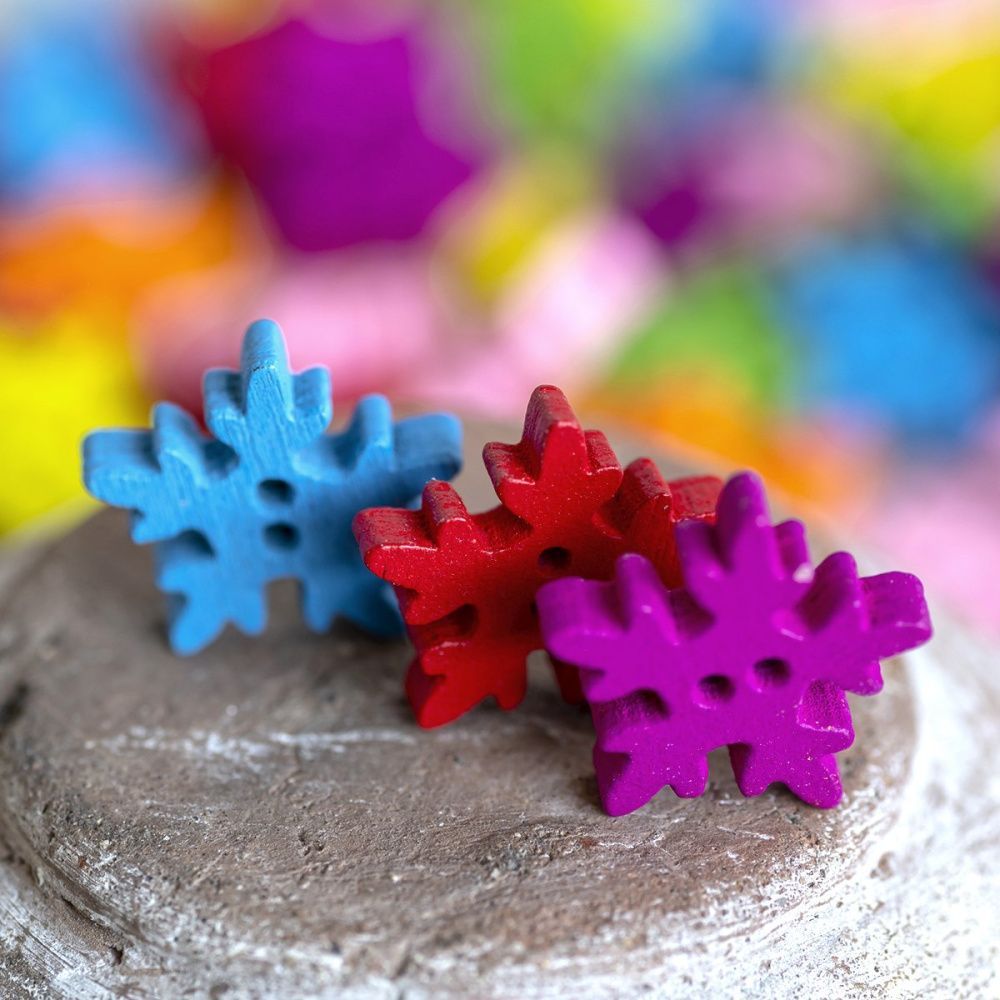 бусина-пуговица "снежинка", дерево, цветовой микс,  18x18x4 мм