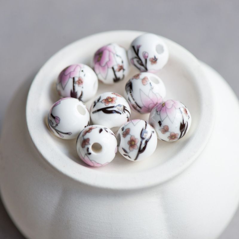 бусина, керамика "роза", цвет бело-розовый, 10 мм