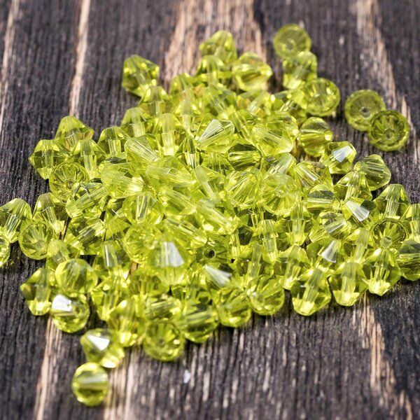 бусина, стекло биконус 6, цвет желто-зеленый, 6 мм