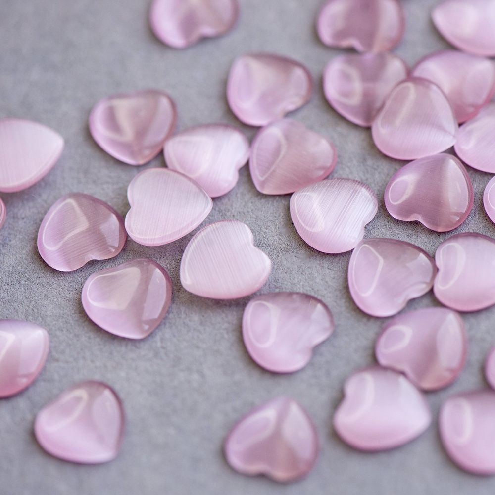 кабошон "кошачий глаз"  сердечко, стекло, цвет розовый, 10x10x2.5 мм