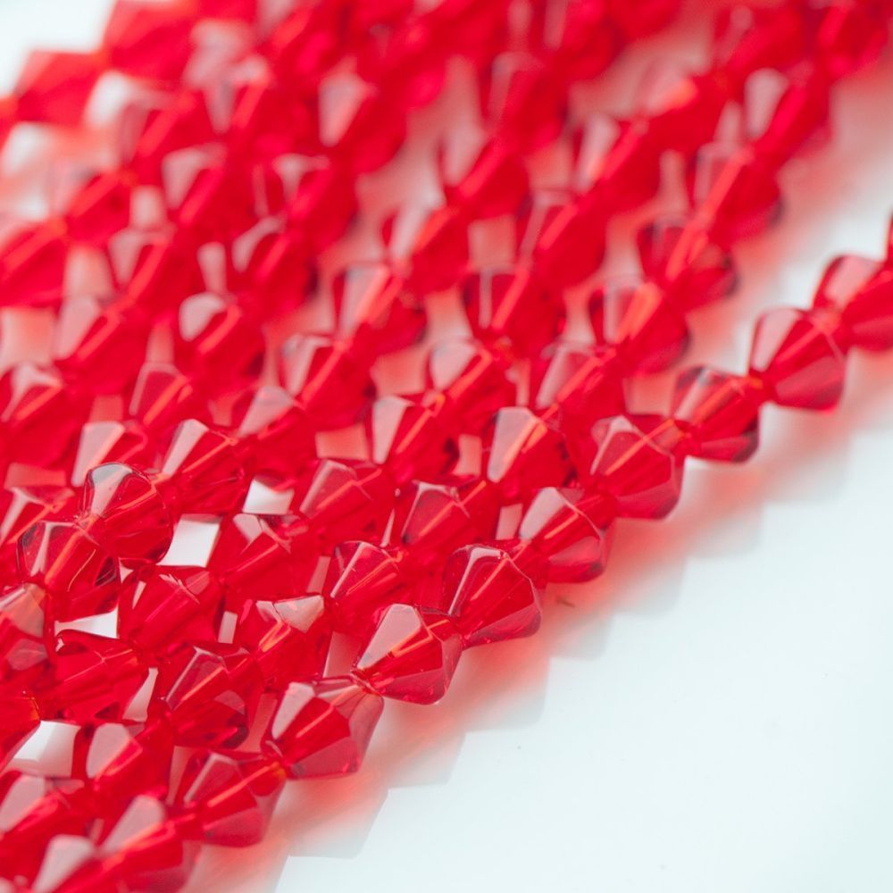 бусина, стекло биконус 6, цвет красный, 6 мм