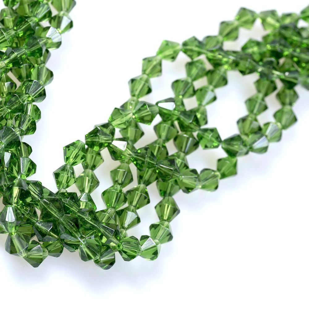 бусина, стекло биконус 8, цвет зеленый, 8 мм