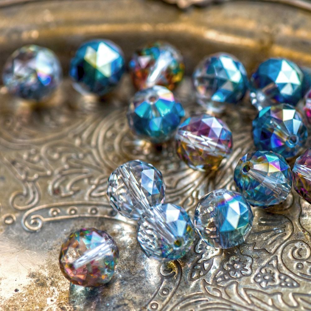 бусина, стекло 14, граненая, цвет прозрачный бензиновый, 14 мм