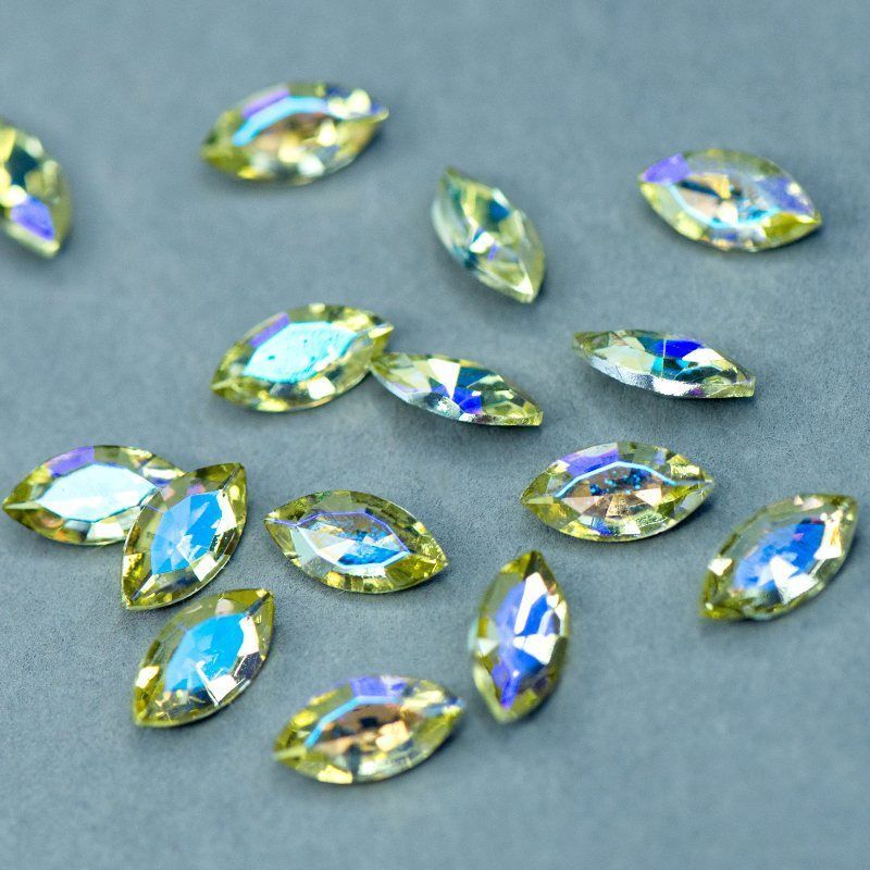 кабошон стекло кристалл, navette, цвет jonquil ab, 12х6 мм