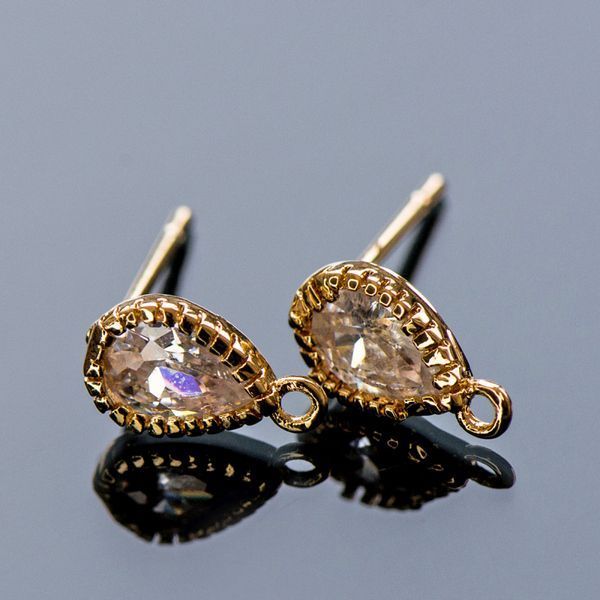 пуссеты "дроп", с цирконием, позолоченные, 9.5x5.5 мм 