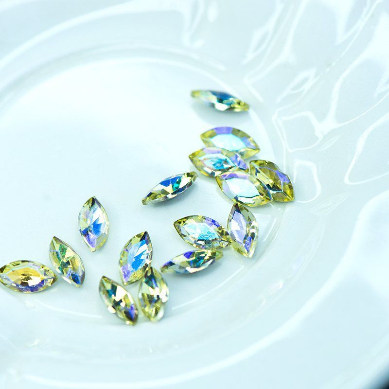 кабошон стекло кристалл, navette, цвет jonquil ab, 12х6 мм