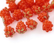 Бусина, Лэмпворк "Малинка с листиками", стекло, цвет оранжевый непрозрачный, 12.5x12.5 мм