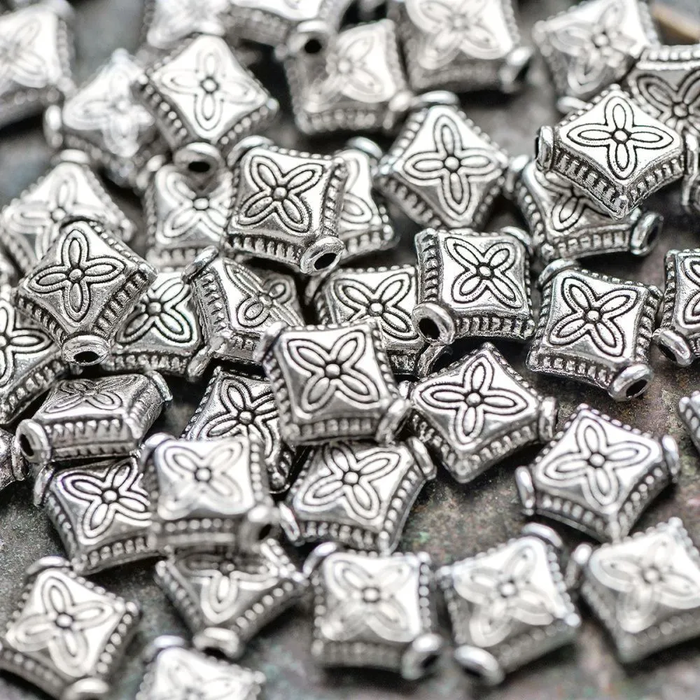 бусина, металл "ромб", цвет античное серебро, 10х9x3 мм