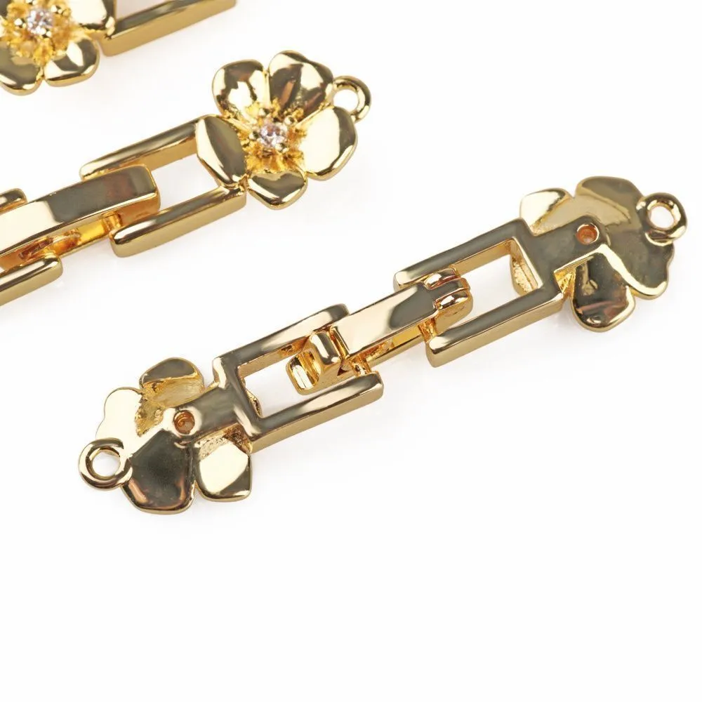 замок для украшений "плюмерия", позолота/циркон, 32.5x8x3 мм