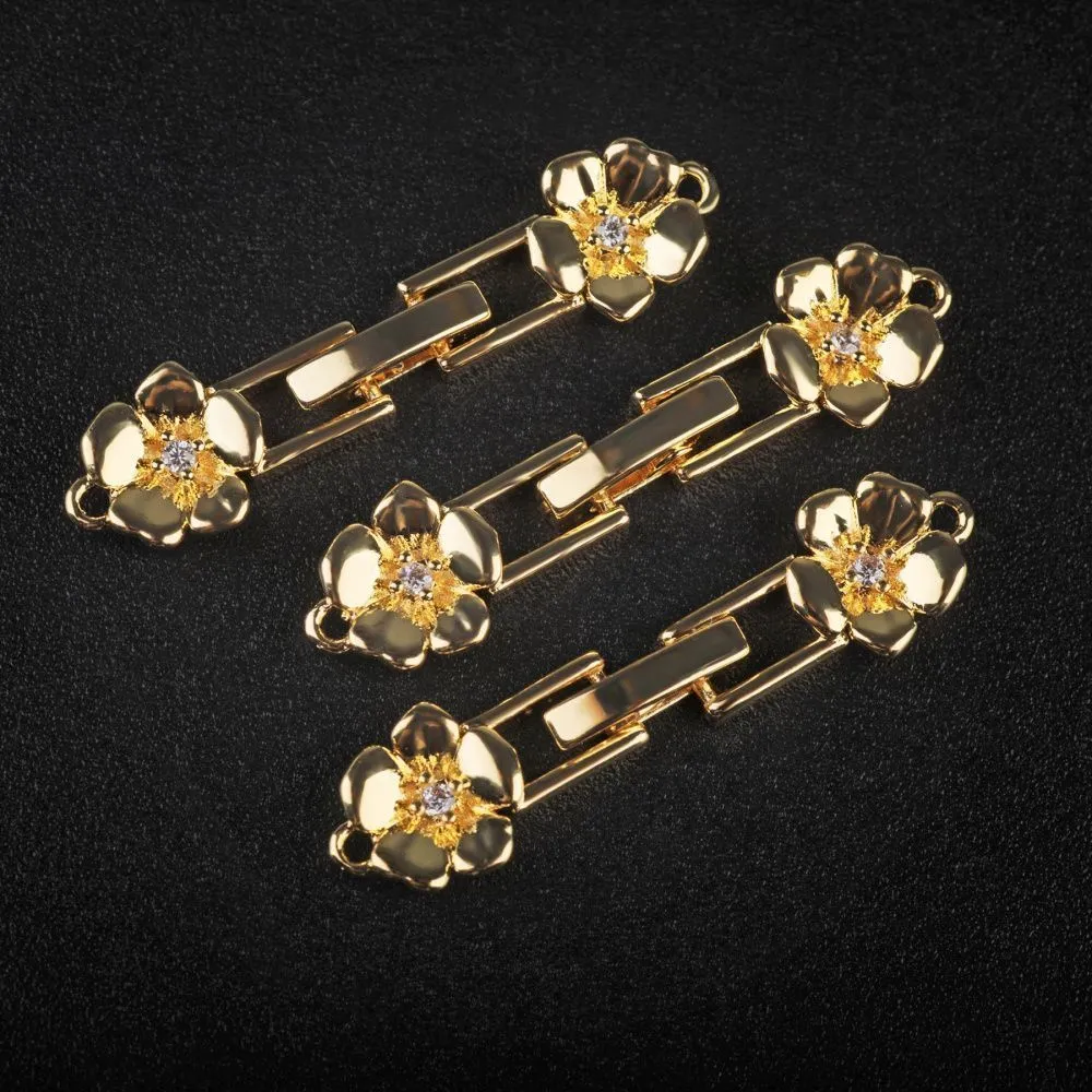 замок для украшений "плюмерия", позолота/циркон, 32.5x8x3 мм