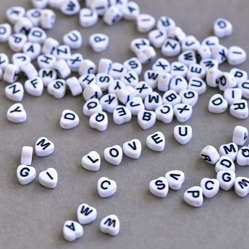 бусина, акрил "алфавит английский", сердечко, цвет белый, 7x7x4 мм