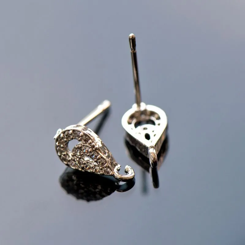 пуссеты "перо павлина", цирконий, цвет платина, 11.5x6x2.5 мм