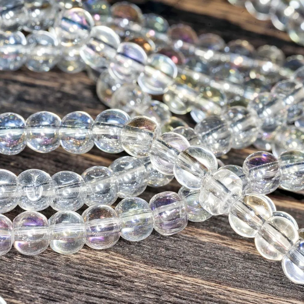 бусина, стекло 6, цвет прозрачный радужный, 6 мм