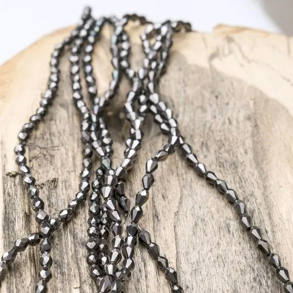 бусина "капля", граненая, стекло, цвет черный металлик, 5х3мм