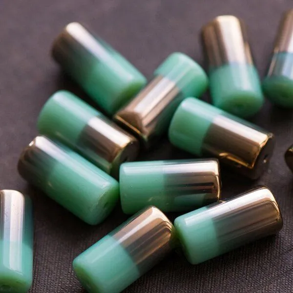 (им)бусина, стекло, "туба", цвет бирюзовый/зеркальный, 20x10 мм