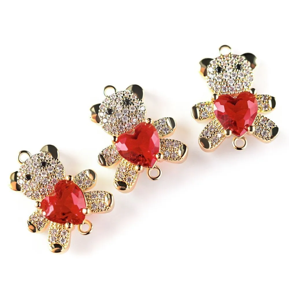 коннектор "мишутка", позолота/циркон красный, 20x16x7 мм