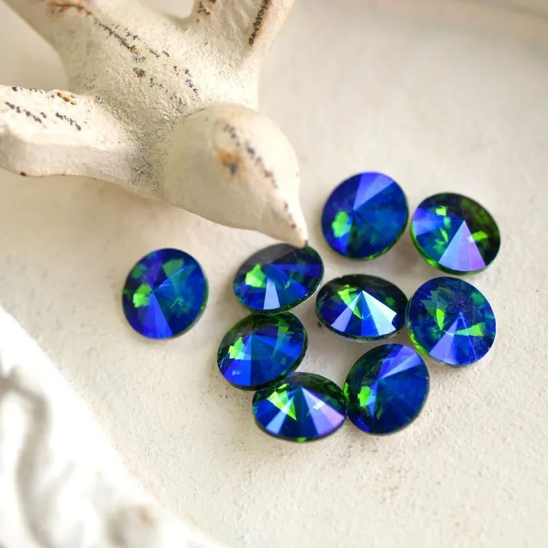 кабошон стекло риволи, цвет emerald ab, 12 мм