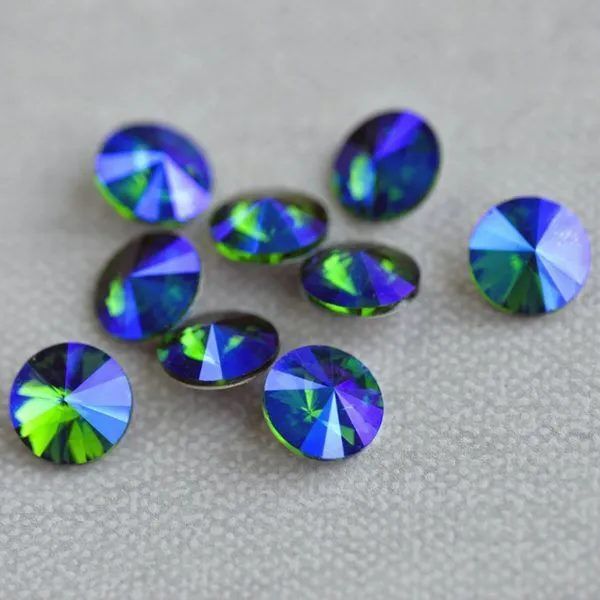 кабошон стекло риволи, цвет emerald ab, 12 мм