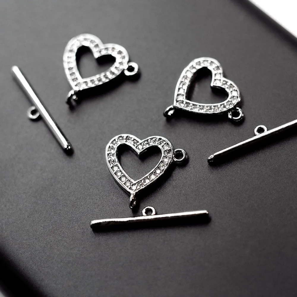 Замочки тоггл "алмазное сердце", цирконий, цвет платина, 14х14х1.5 мм