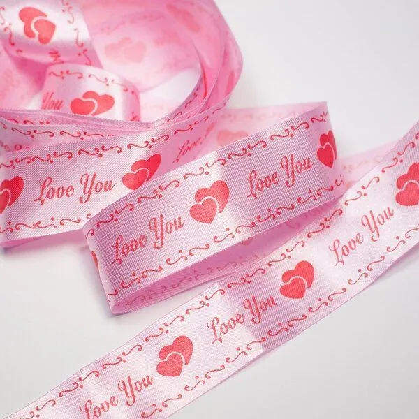 лента, атлас "love you", цвет розовый, ширина 25 мм