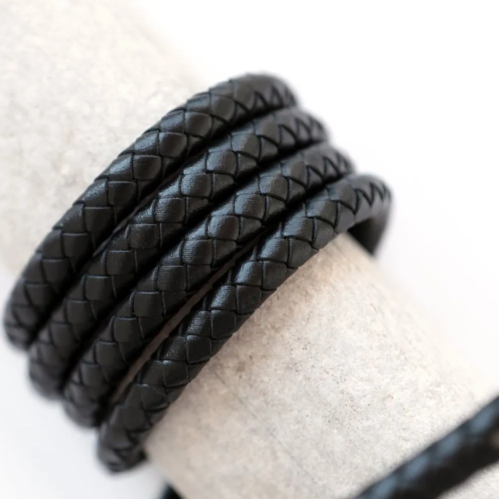 шнур кожаный круглый, плетеный, цвет черный, диаметр 8 мм