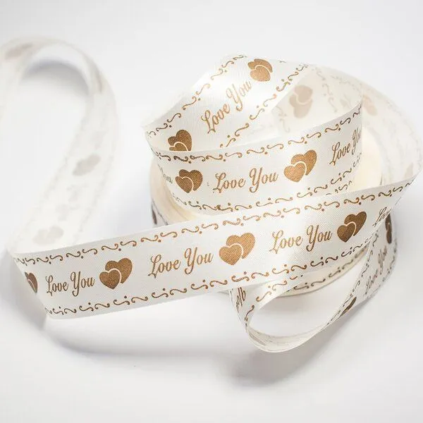 лента, атлас "love you", цвет бежевый, ширина 25 мм