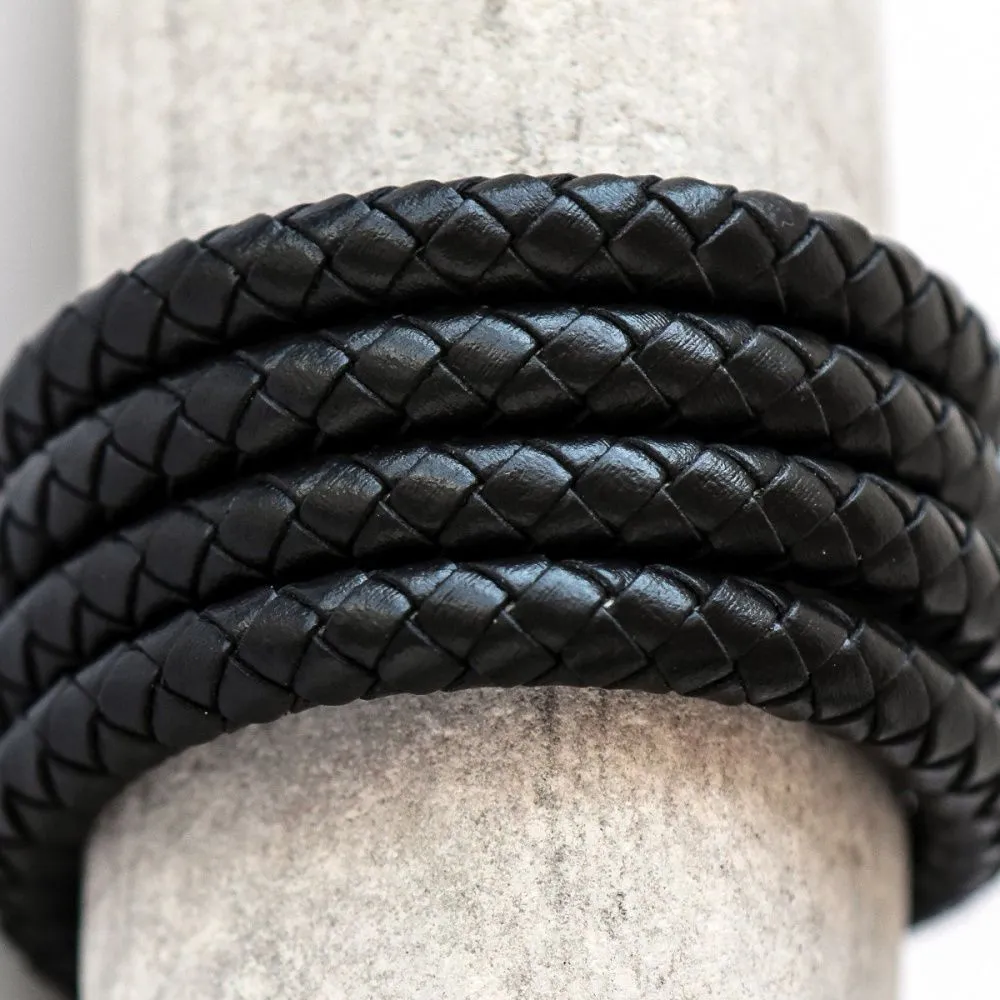 шнур кожаный круглый, плетеный, цвет черный, диаметр 8 мм